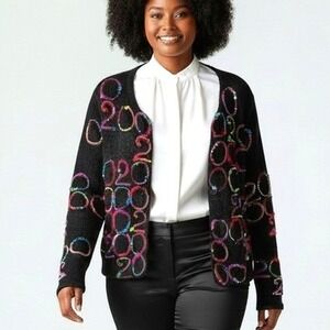 Michael Simon 2000‎ Beaded Sweater Black Y2K Millennium Novelty Cardigan Women M